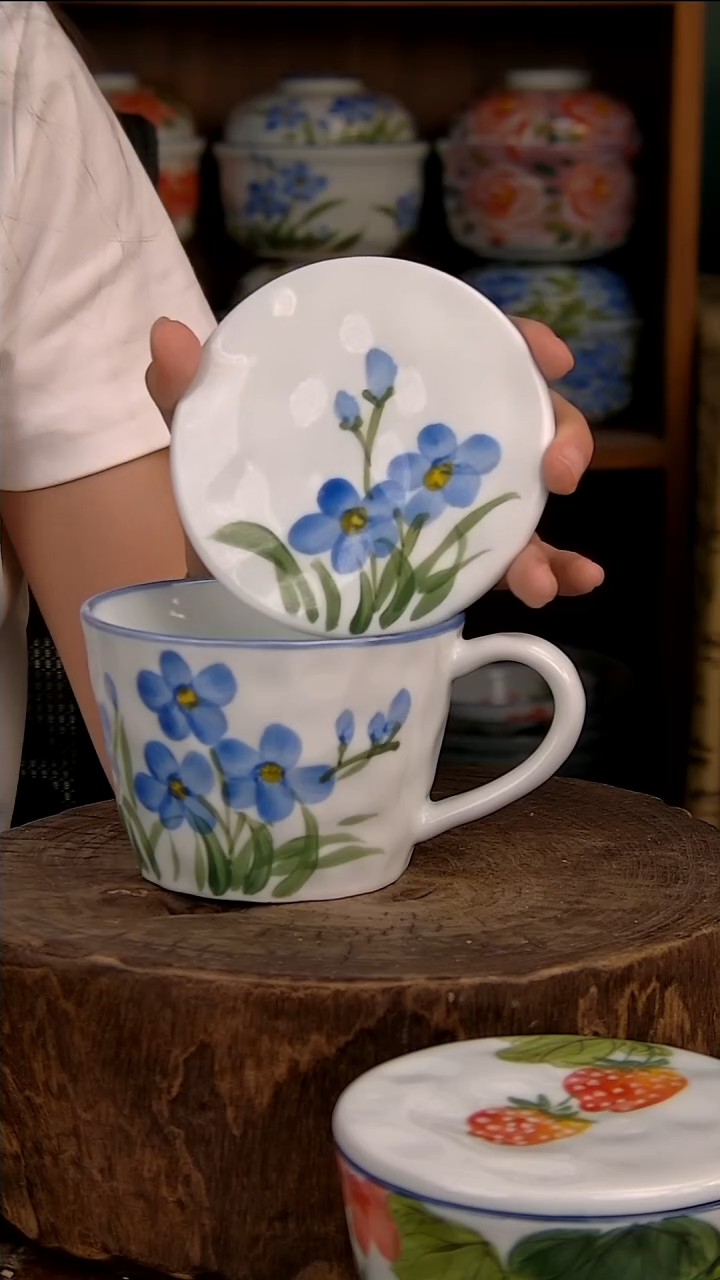 瓷片高白锤纹盖杯-小兰花