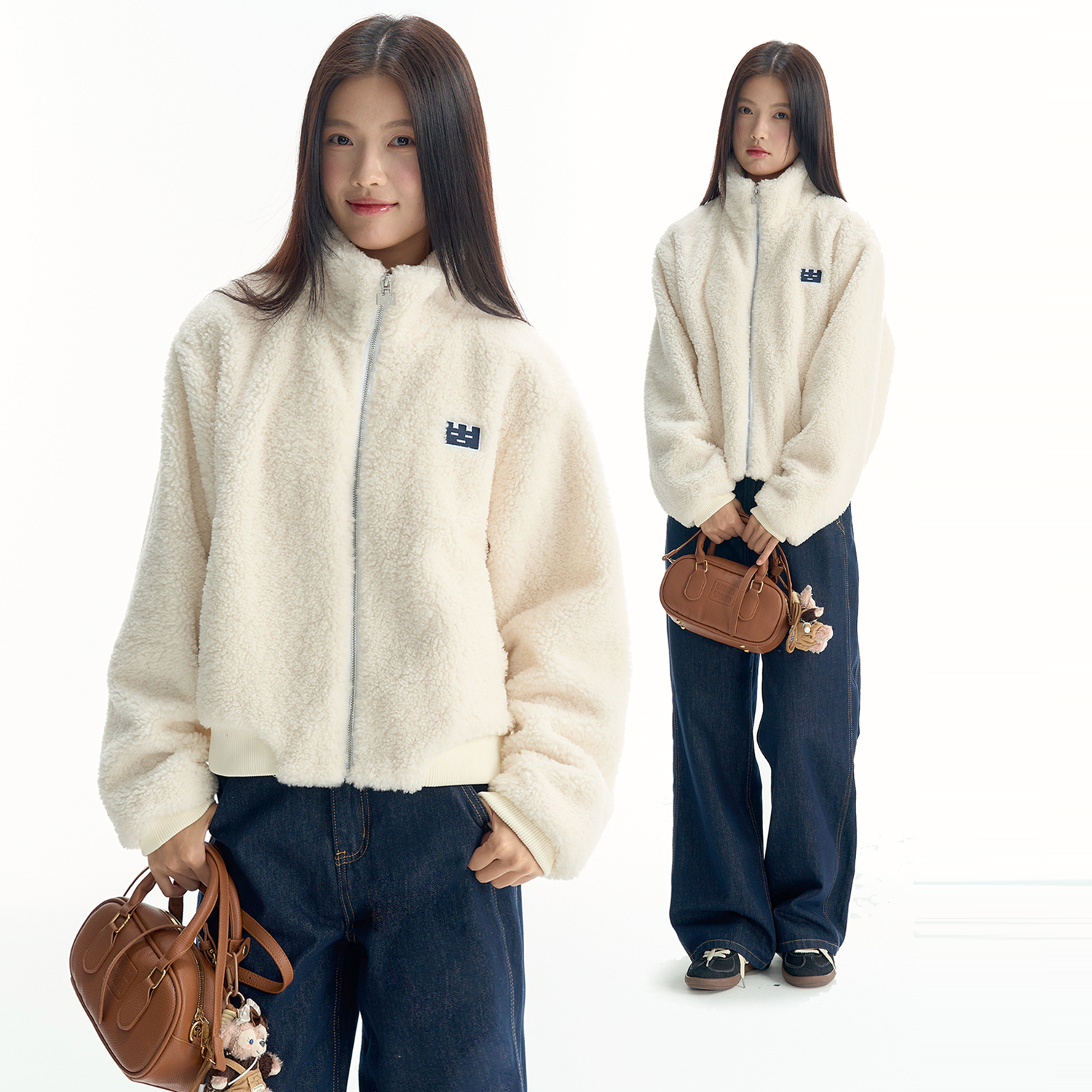 TGWALL「雪人」立领绣花韩系甜美毛绒上衣短款外套宽松羊羔绒女