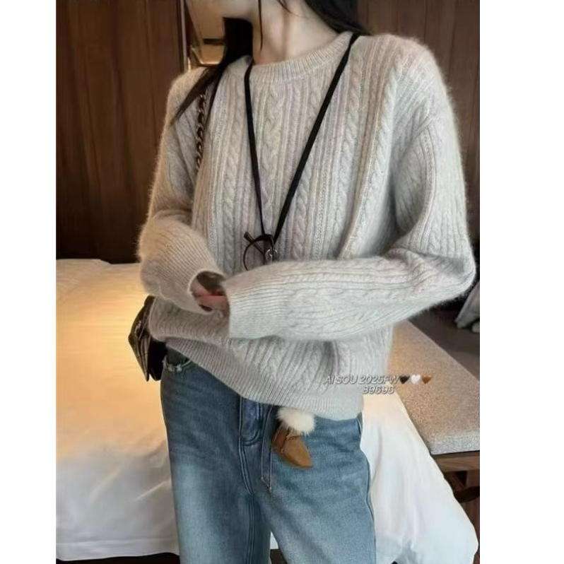 【运费补贴】麻花米灰色套头女时尚休闲毛衣针织衫显瘦外套