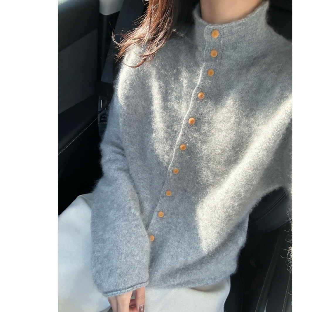（只可干洗）年度超爱羊毛拉绒高级感磨砂扣立领洋气慵懒风针织开衫