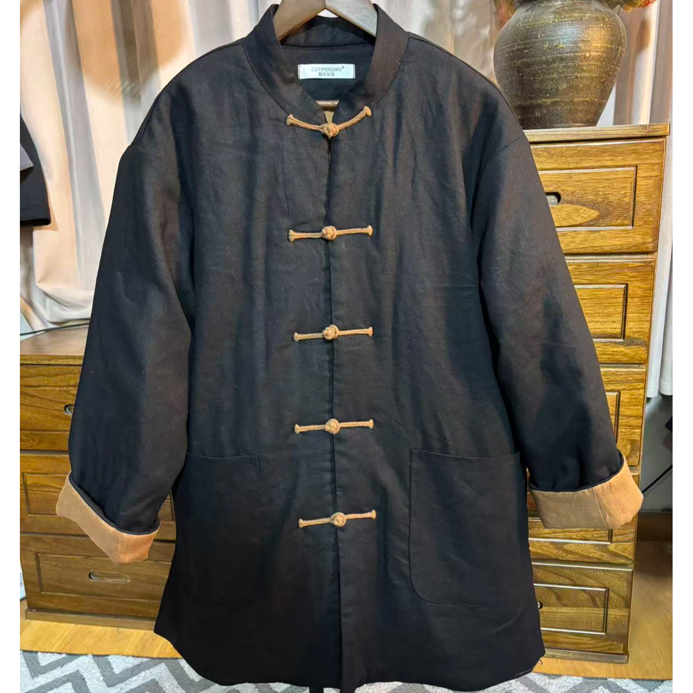CUYIMINGWU/粗衣名物  中式复古中长款中国风对襟有领盘扣加棉袍