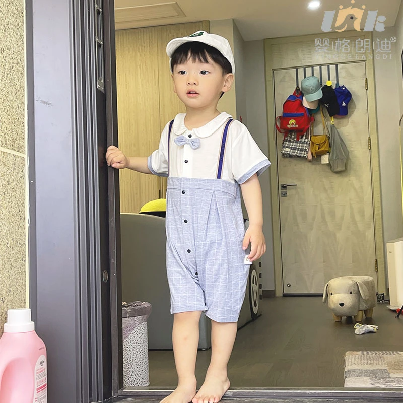 婴格朗迪YG812020夏季绅士款男宝短袖连体爬服时尚帅气婴童薄款
