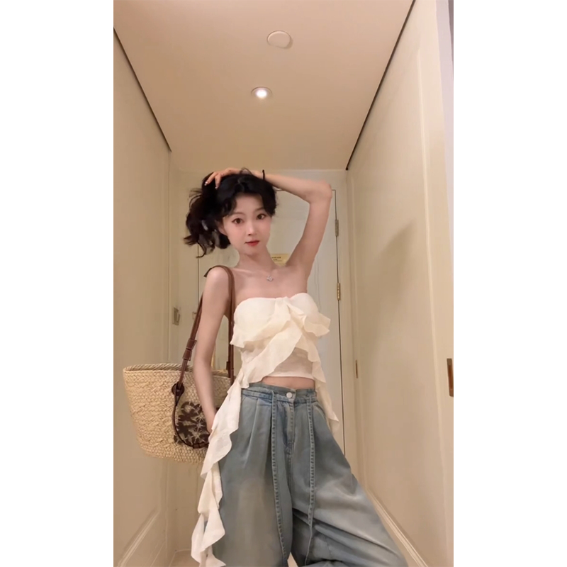 2025夏季韩系辣妹抹胸一字肩小众设计感上衣女时尚高腰阔腿牛仔裤