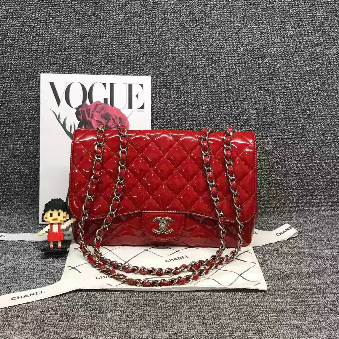 95新 Chanel/香奈儿 14B红银漆皮jumbo斜挎包