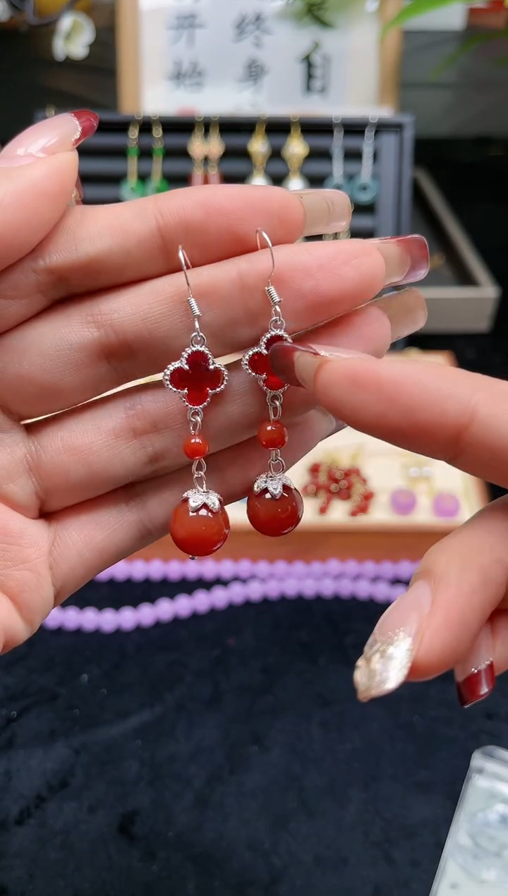 【闪购商品】南红玛瑙耳饰银S925镶嵌707000