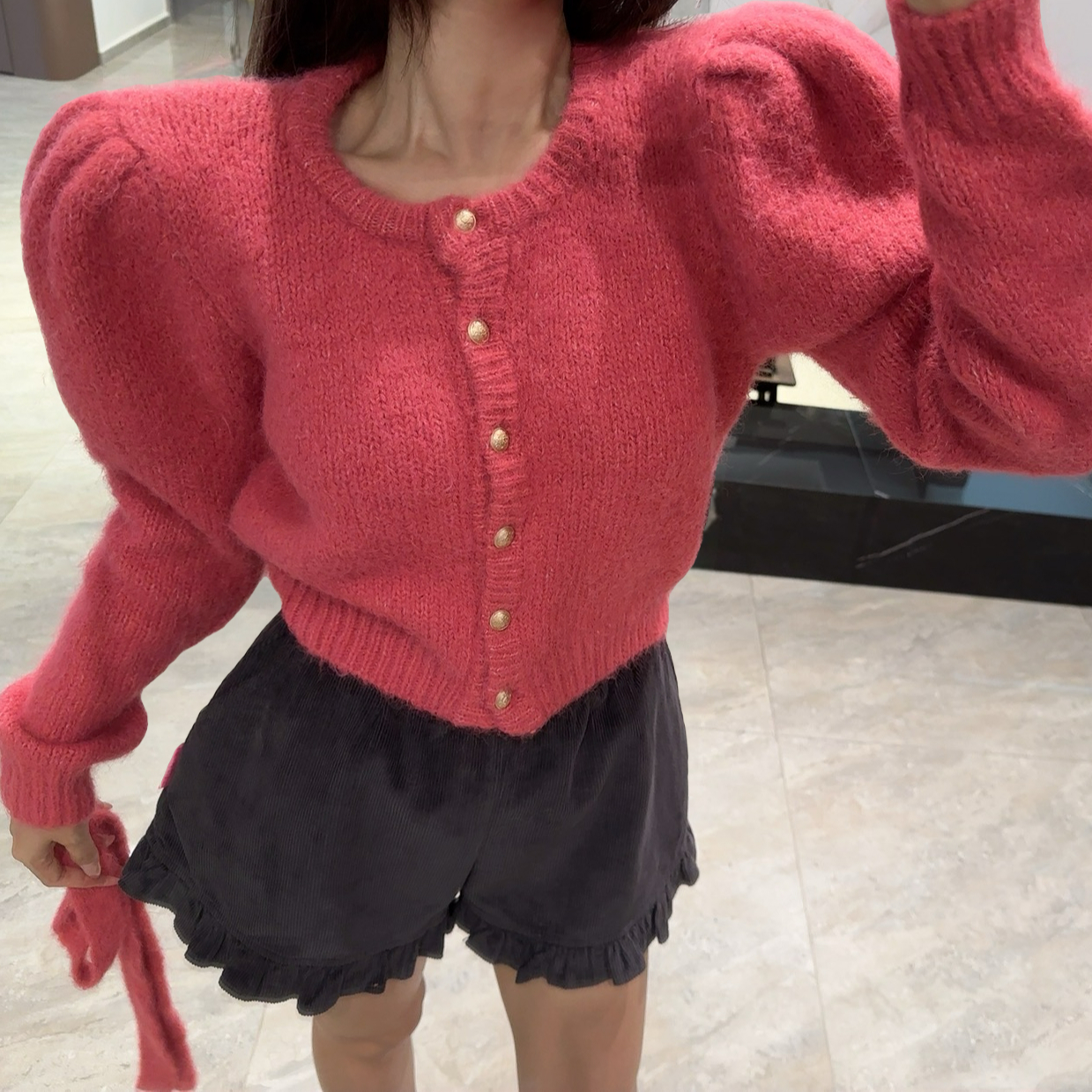 【耀眼女主】原单订制花边短裤裙 飘带小香风泡泡袖开衫外套上衣