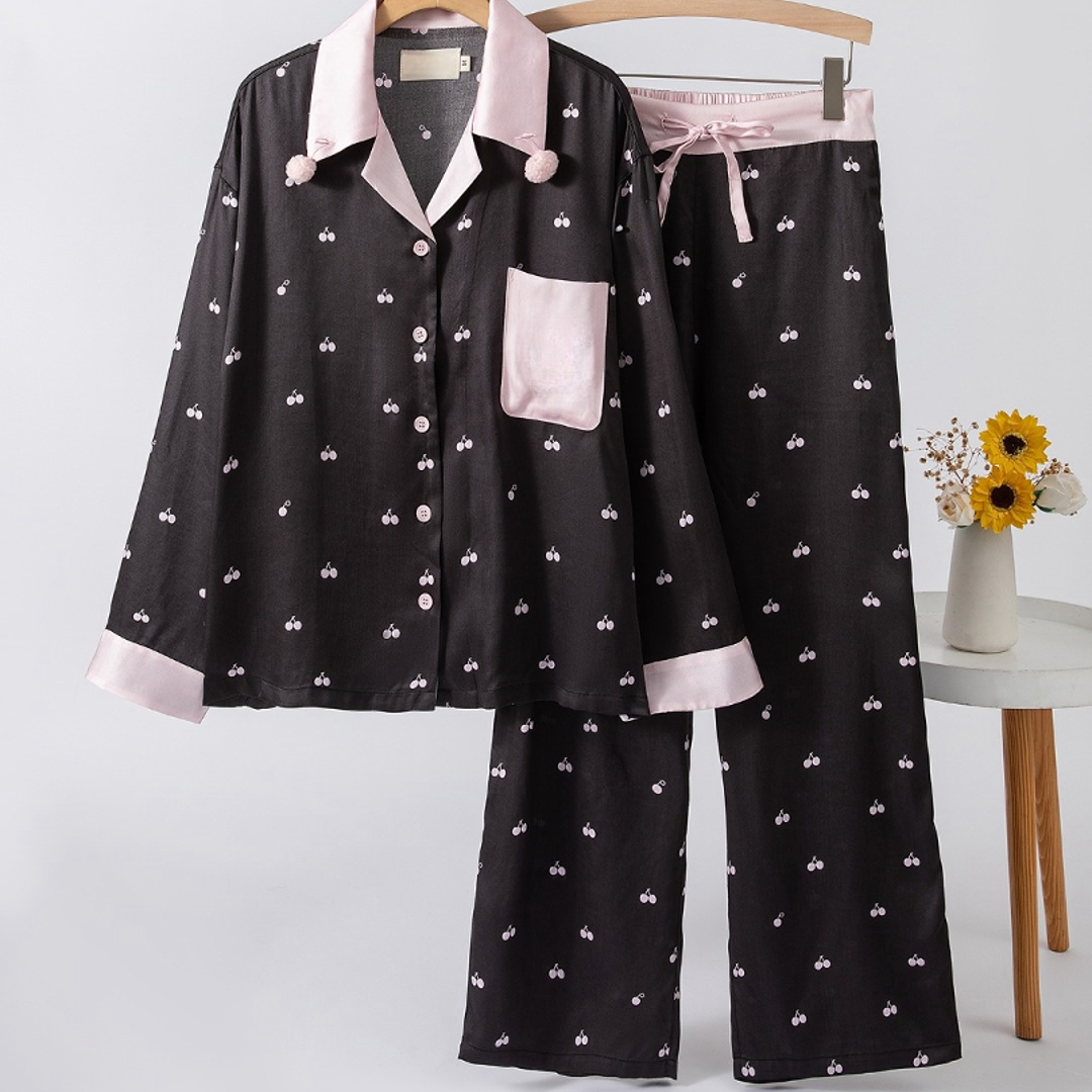 【野-SP】纯天丝长款爆炸樱桃家居服可外穿情侣春夏睡衣女套装薄款