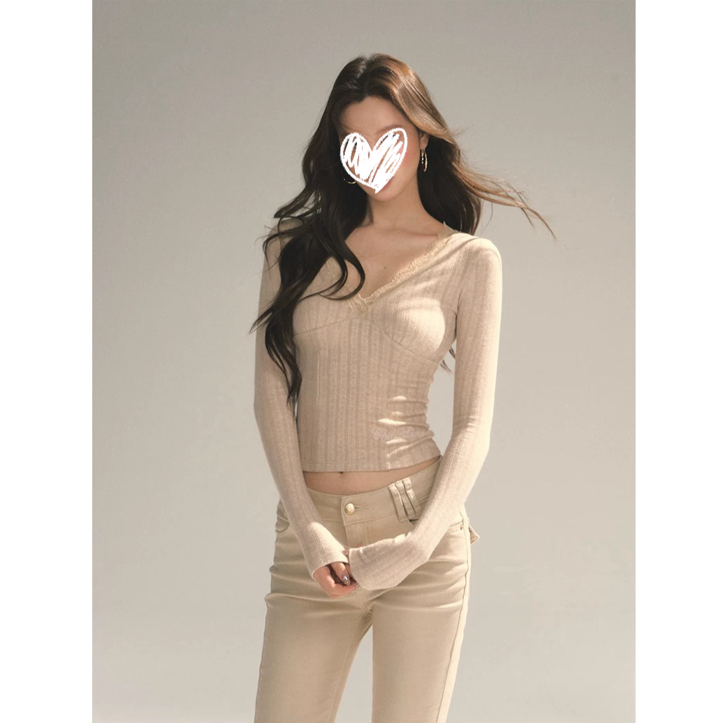 原创设计辣妹打底衫内搭V领上衣修身显瘦正肩长袖T恤#Y2556