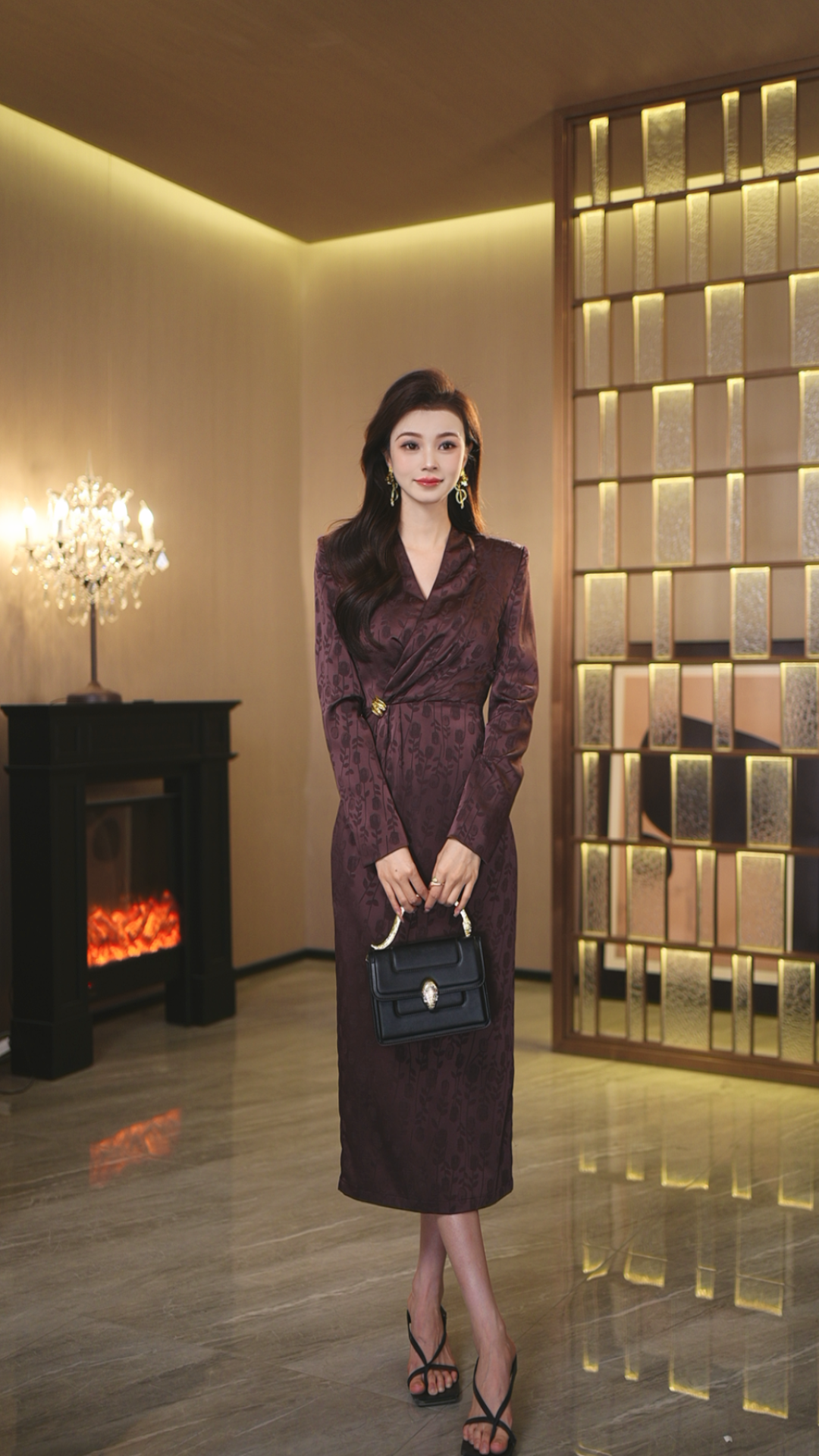 罗曼湾湾 V领长袖秋季显瘦气质网红复古国风中式设计师中长款裙子