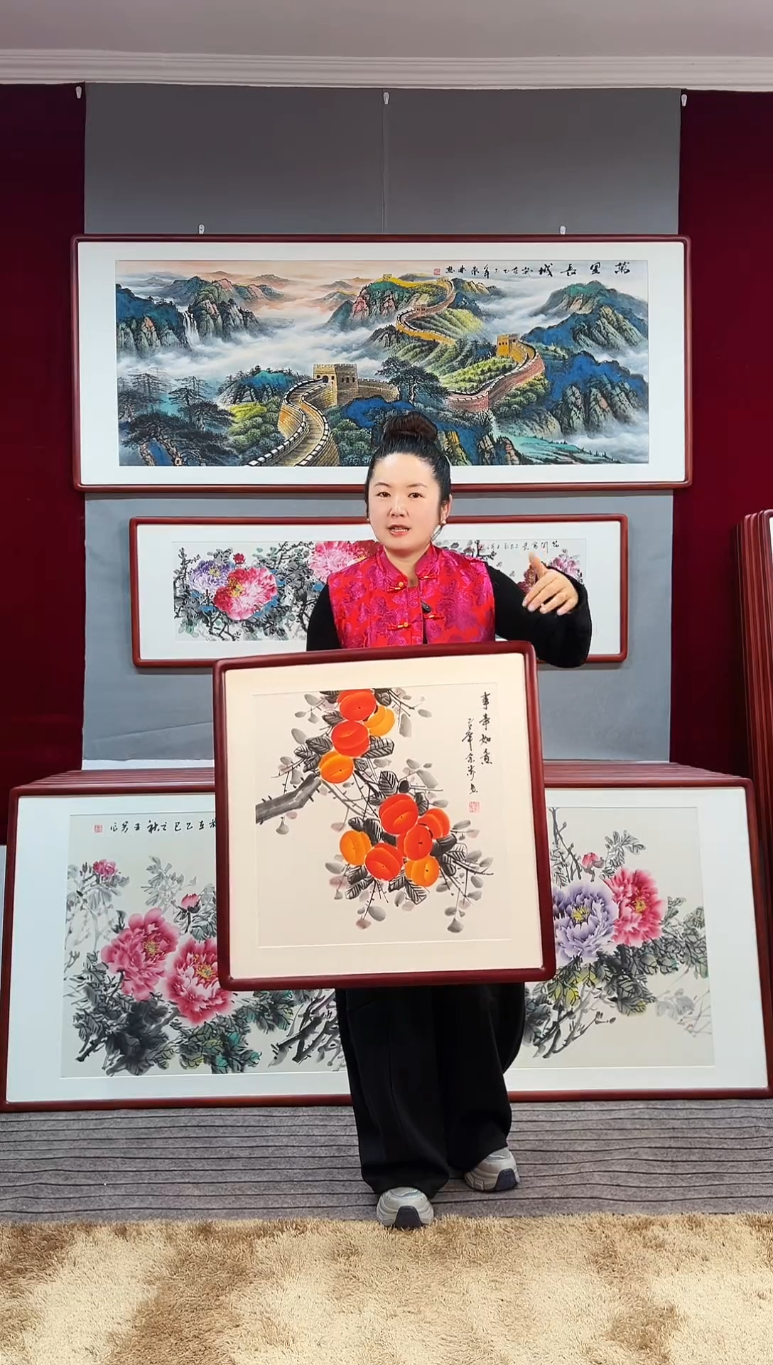 国画手绘国画柿子实木带框63*63厘米