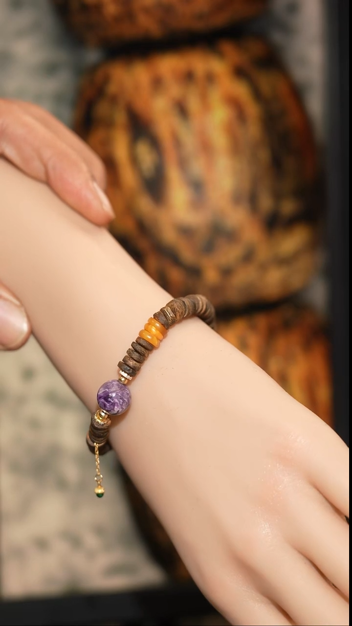 手串沉香银S925镀金镶嵌海南绿奇楠沉水药片+紫龙晶