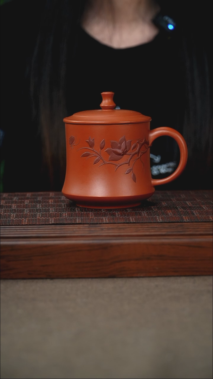 茶杯紫砂原矿朱泥堆绘紫砂杯300cc微瑕不退不换