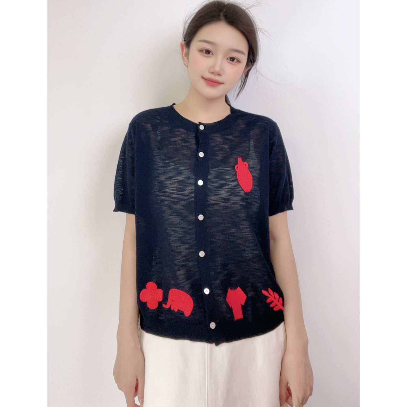 条纹短袖女开衫款修身型毛针织衫气质夏季宽松提花（361）
