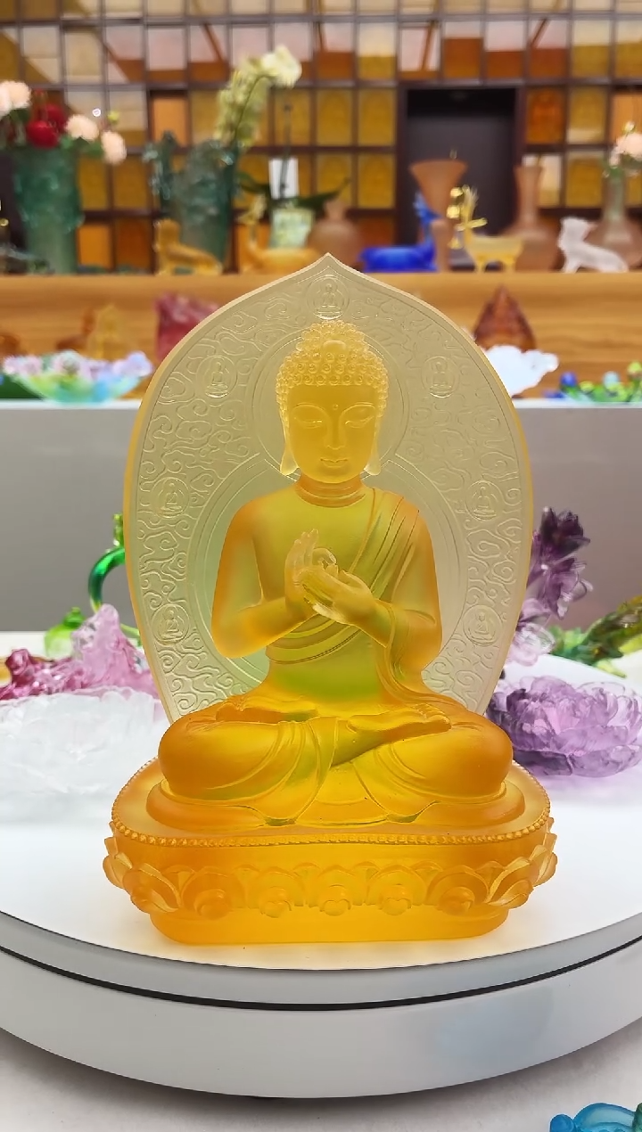 手工艺品琉璃琥珀色药师佛18*12*8公分【手势随机发】