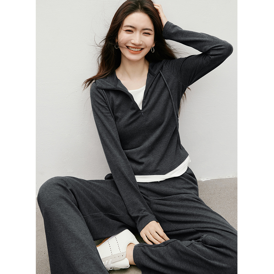 早秋穿搭一整套女时尚假两件半拉链连帽上衣高腰显瘦休闲裤两件套