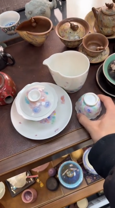 摆件陶茶具茶具茶具花影盖碗加花口杯加公道杯