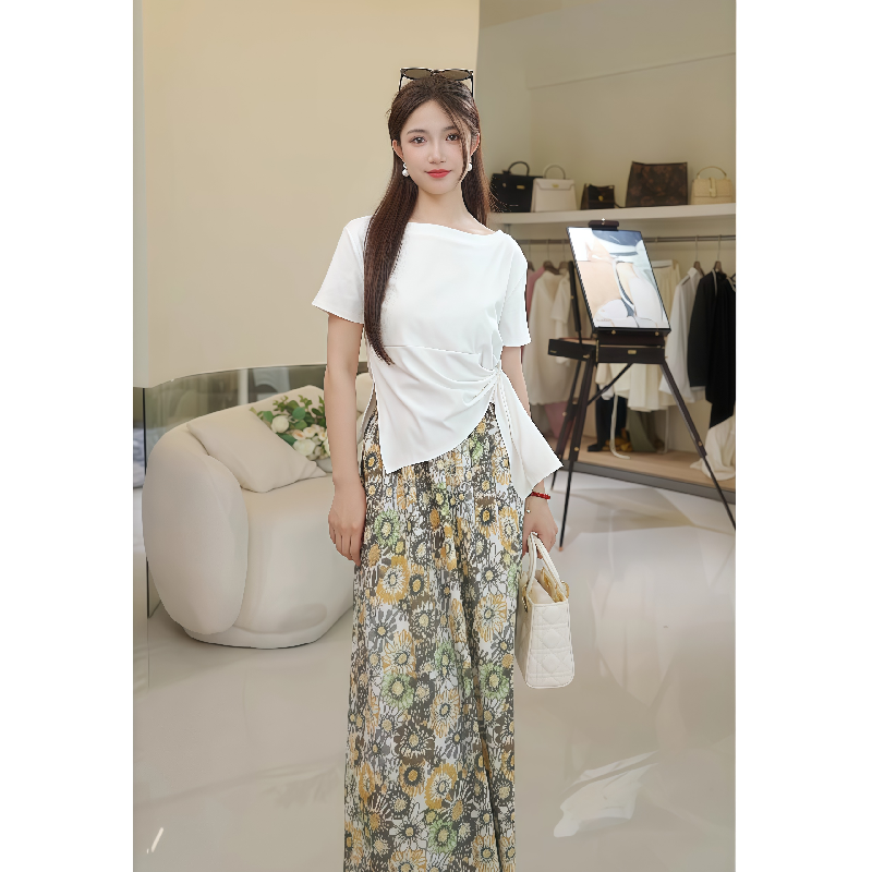 DGISTUDIO女装店 法式高级感显瘦短袖T恤女设计感不规则褶皱上衣