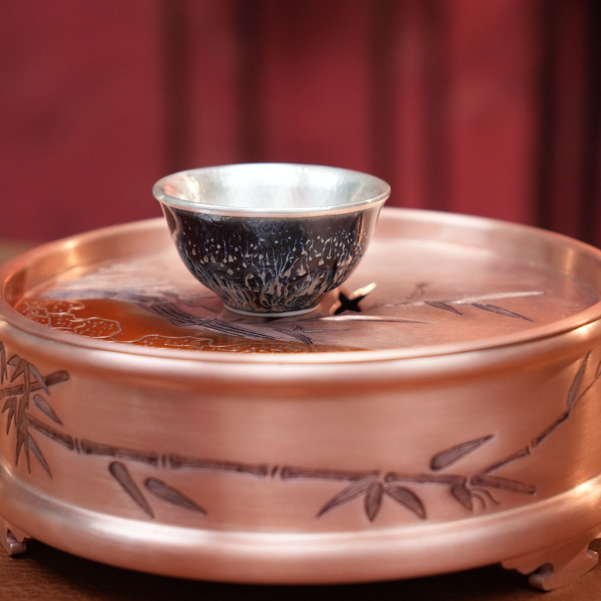 【锤痕银楼】纯银陶瓷银制品 纯手工足银陶瓷锤痕主人杯