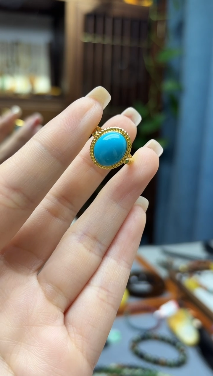 18K金镶嵌绿松石戒指18K金松石蛋面戒指WY