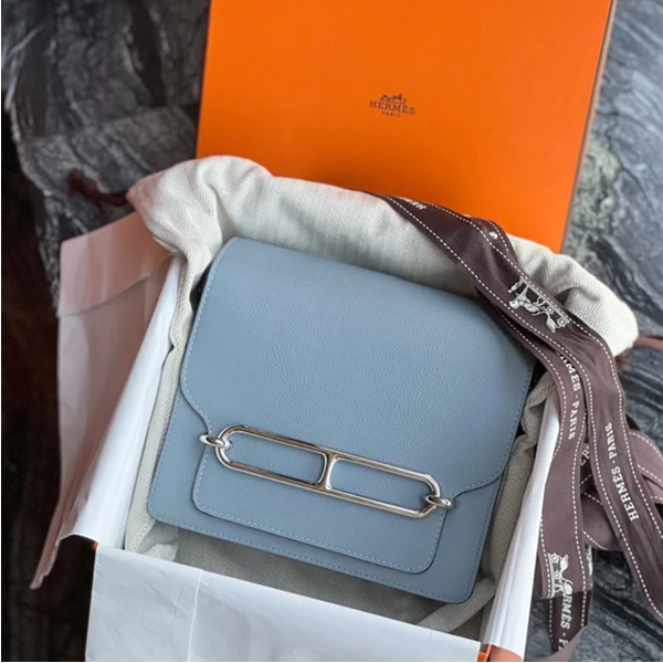 99新 Hermes/爱马仕 小花柳 猪鼻子 19 亚麻蓝 EC皮 U刻 银扣