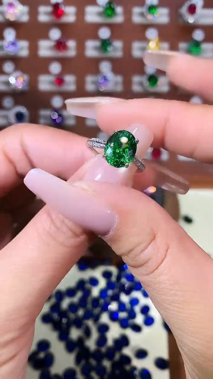 银S925镶嵌戒指碧玺810鸟巢切白