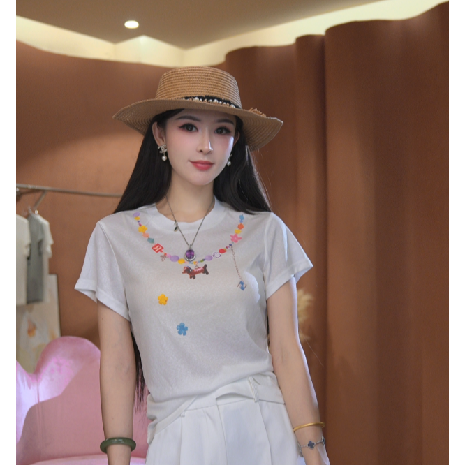 夏季新款设计感彩色串珠狗狗项链印花短袖T恤女修身上衣 T25810