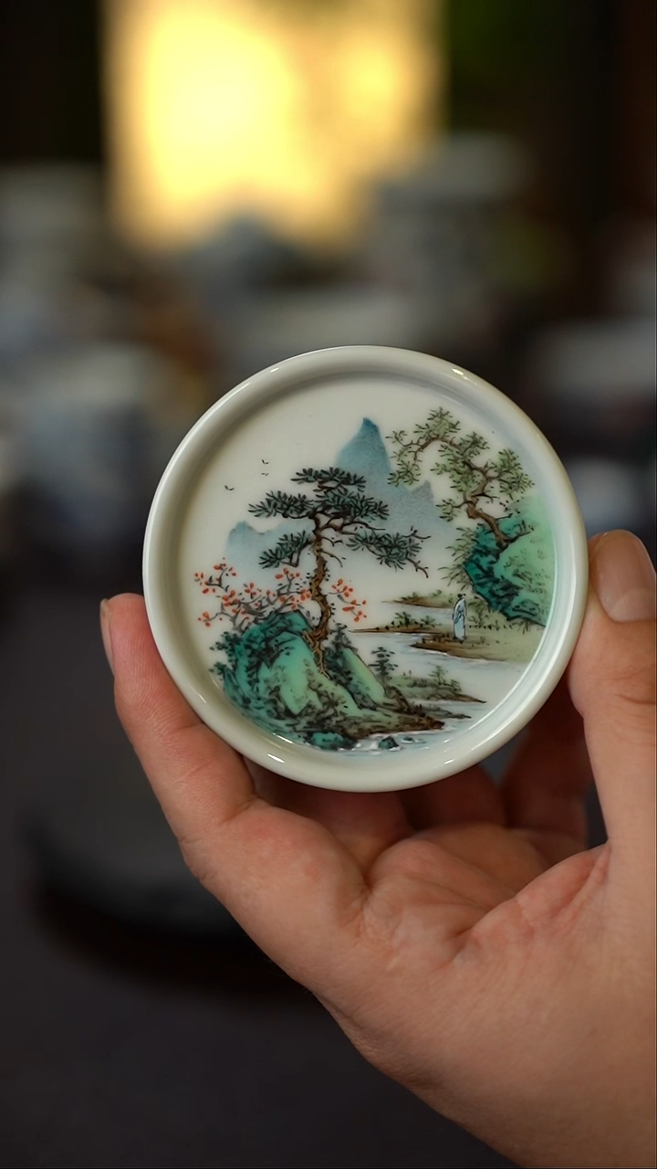 王钢全手工手绘山水盖置