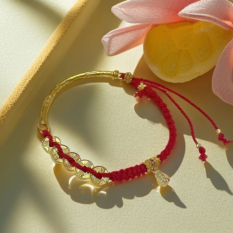 黄金足金999五帝币半镯 红绳风生水起五帝币 本命年 挡灾平安顺遂