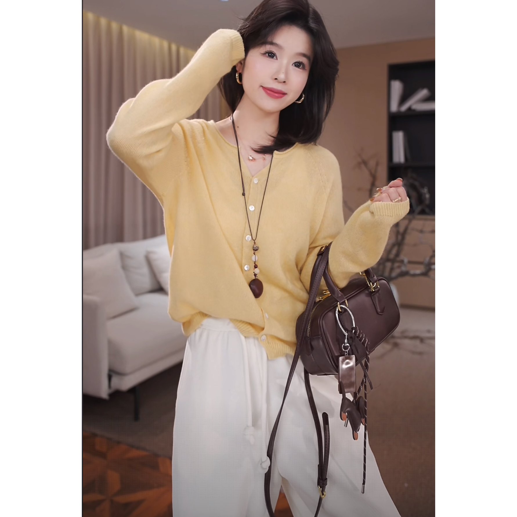 广州琴姐【晨釉云绒】琥珀流光风时尚减龄长袖针织开衫毛衣女秋7954