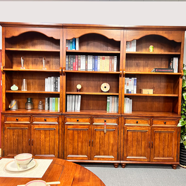 美式全实木书柜组合 欧式书架复古柜无门书橱落地展示博古柜