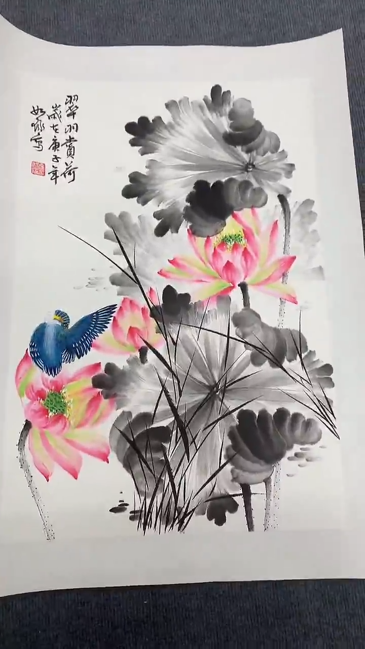 竖款精品开三花鸟，翠