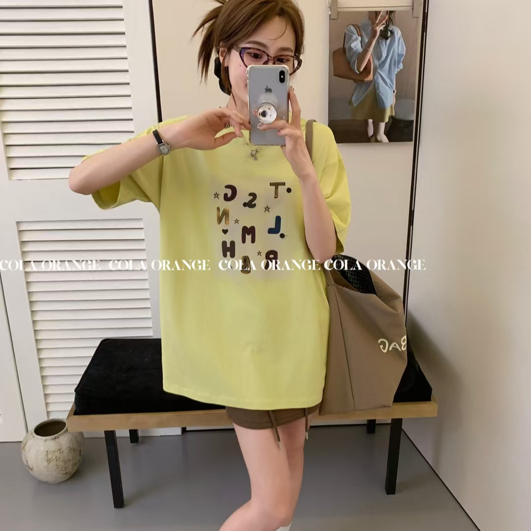 2025母印花短袖T恤女复古夏季宽松百搭慵懒感上衣潮1031