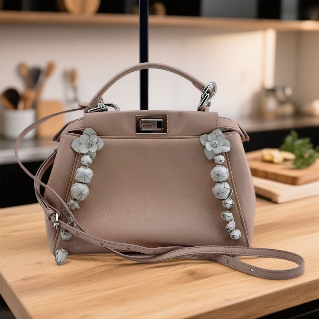 95新 FENDI/芬迪 粉色小花手提单肩包 1663 7875