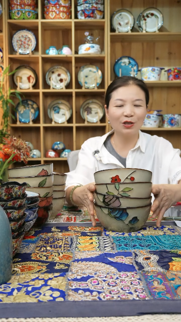 瓷片小可陶瓷高温釉下彩一组4个面碗