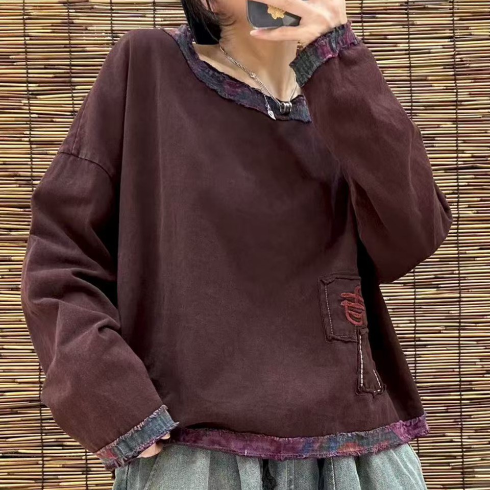 Q883花布圆领拼接卫衣（衣长54 臀围136)