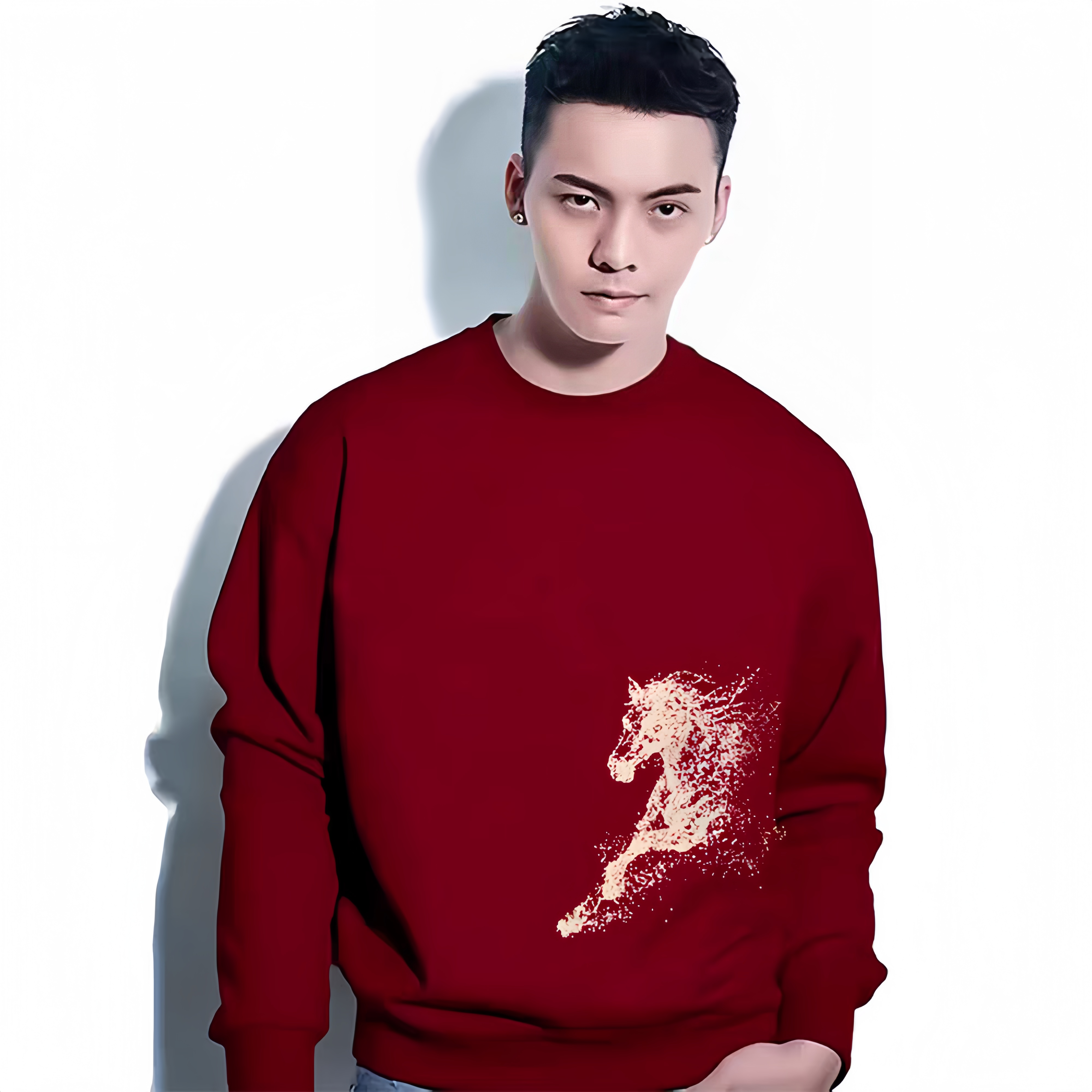 国潮时尚马年本命年酒红色宽松套头长袖秋冬款男士加绒卫衣情侣