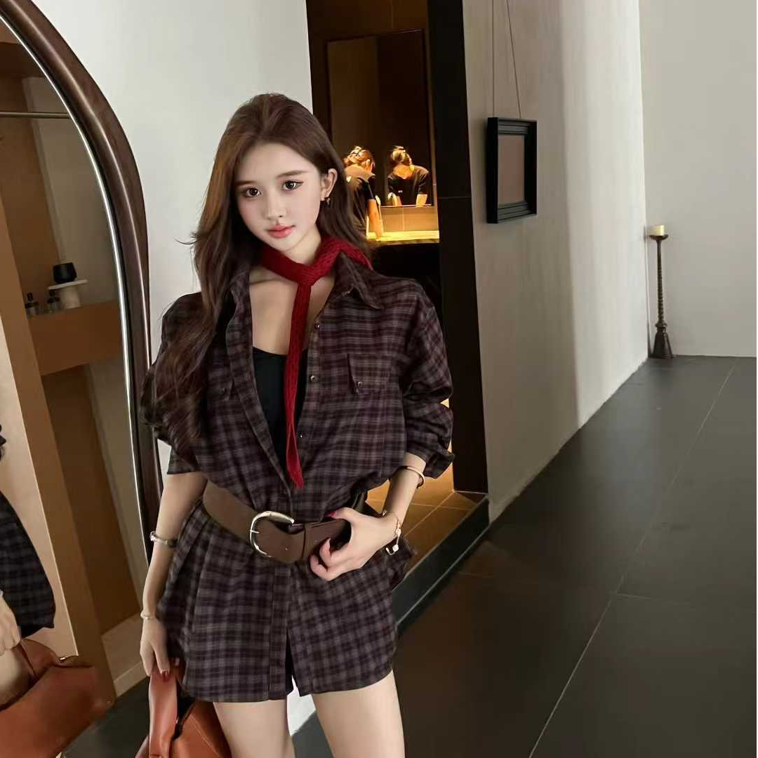 点点家早秋格纹衬衫针织套装赵露思老钱风松弛感女装贵气