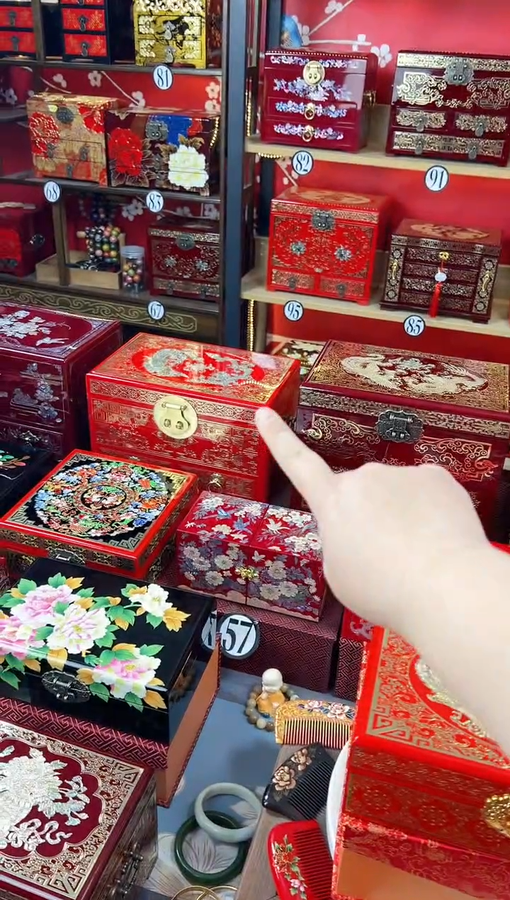 【闪购商品】28厘米三层单抽掐丝螺钿铜扣大红龙凤