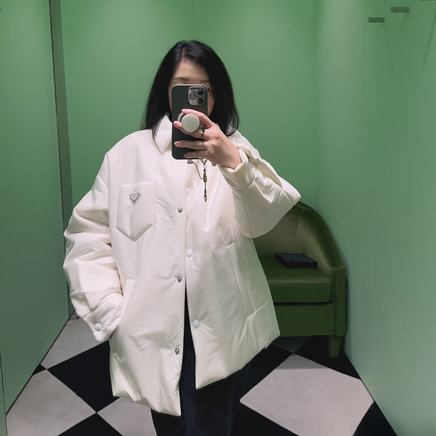 99新 Prada/普拉达 2508286/36码/金属三角徽标logo单排扣羽绒服