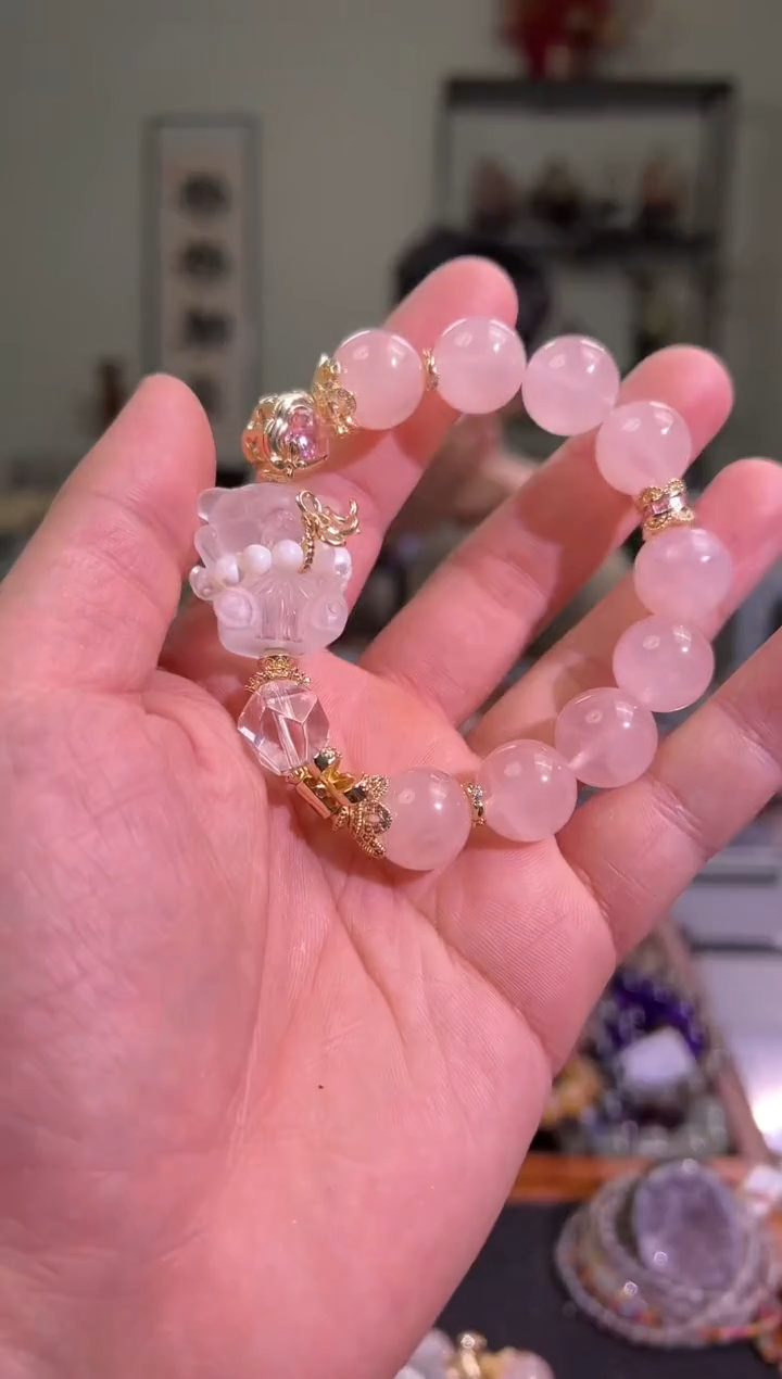 【闪购商品】芙蓉石手串未镶嵌粉水晶小熊DIY手串（多样性发其一）