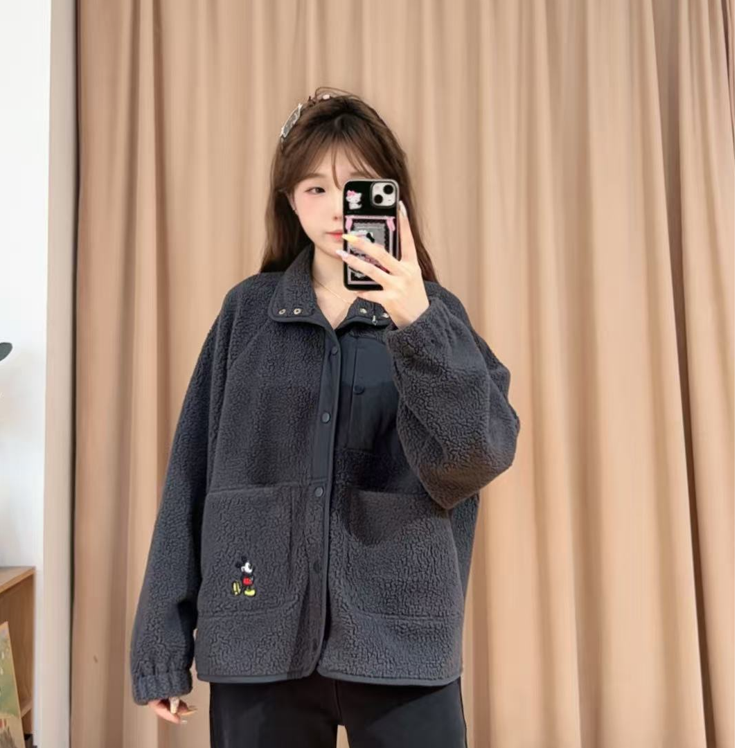 84072余小鱼【奇奇外套】深灰色立领刺绣单排扣毛毛外套秋冬女装