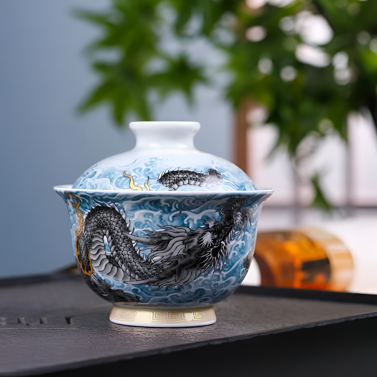 景德镇中式陶瓷墨龙游海茶具茶器中式家用高端手工二才盖碗