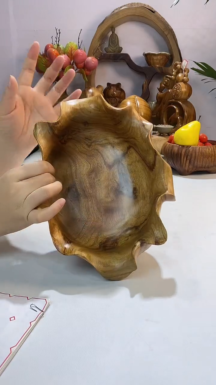 【闪购商品】香樟木A15荷叶果盆/尺寸28*21*12