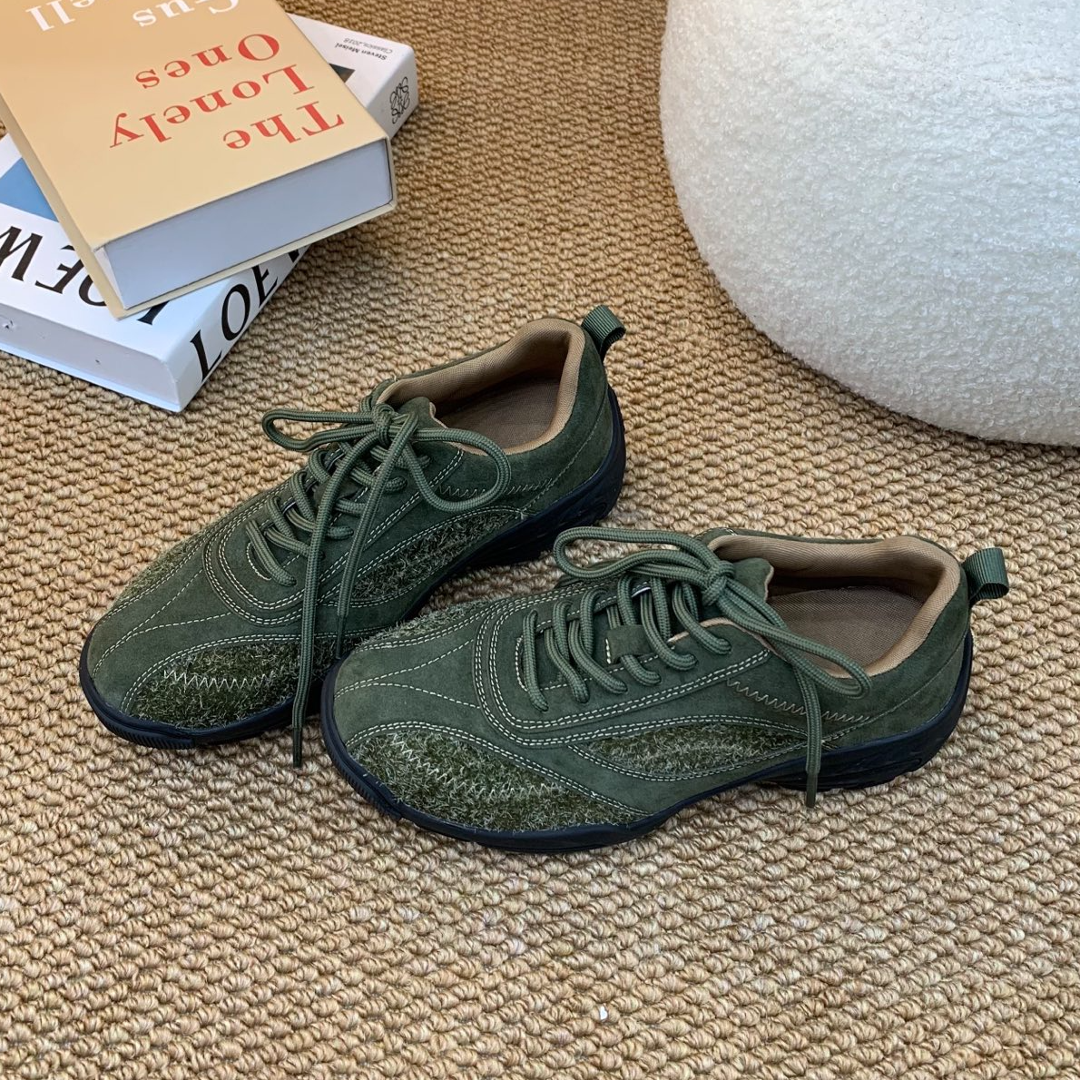 7S-89#百搭户外徒步休闲鞋绿色秋季防滑时尚休闲鞋低帮深口增高