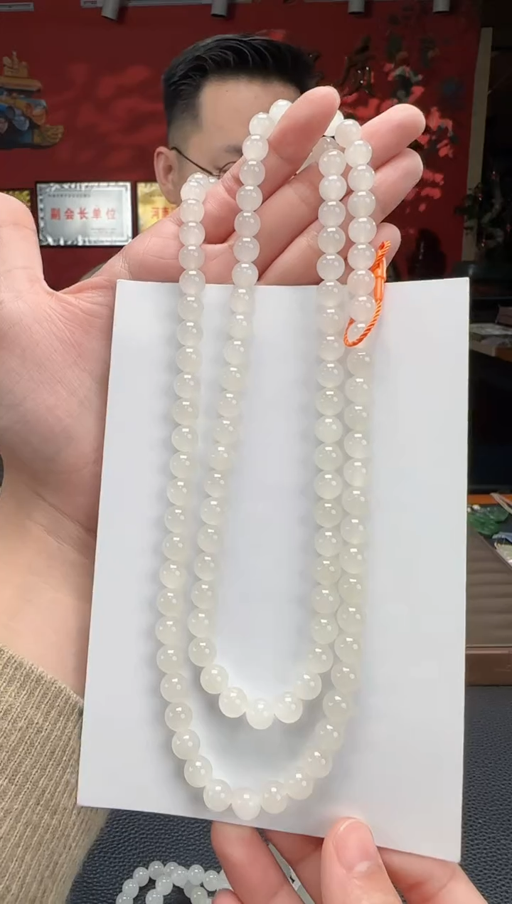 【闪购商品】和田玉颈饰未镶嵌白冰猫108颗多圈卡8