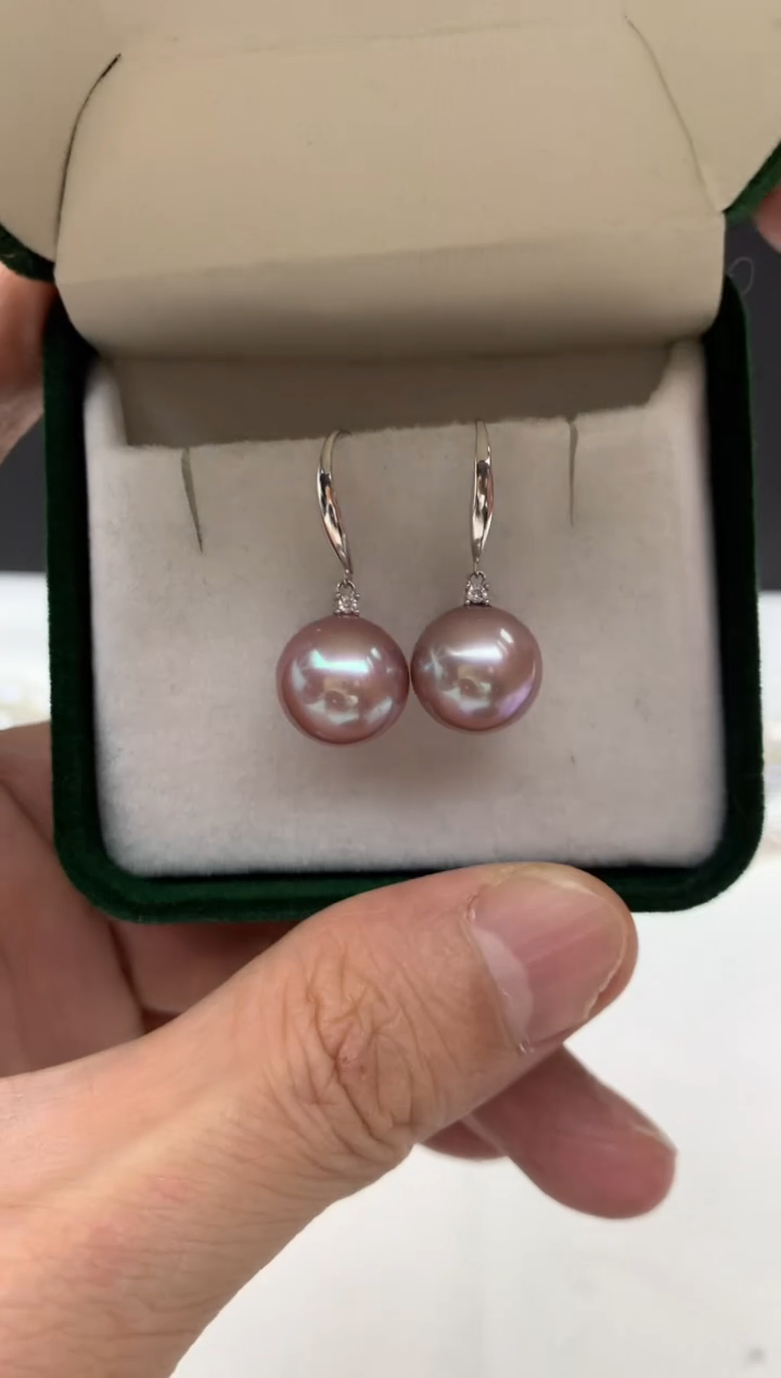 银S925镶嵌ff淡水珍珠紫珠耳饰11~12mm