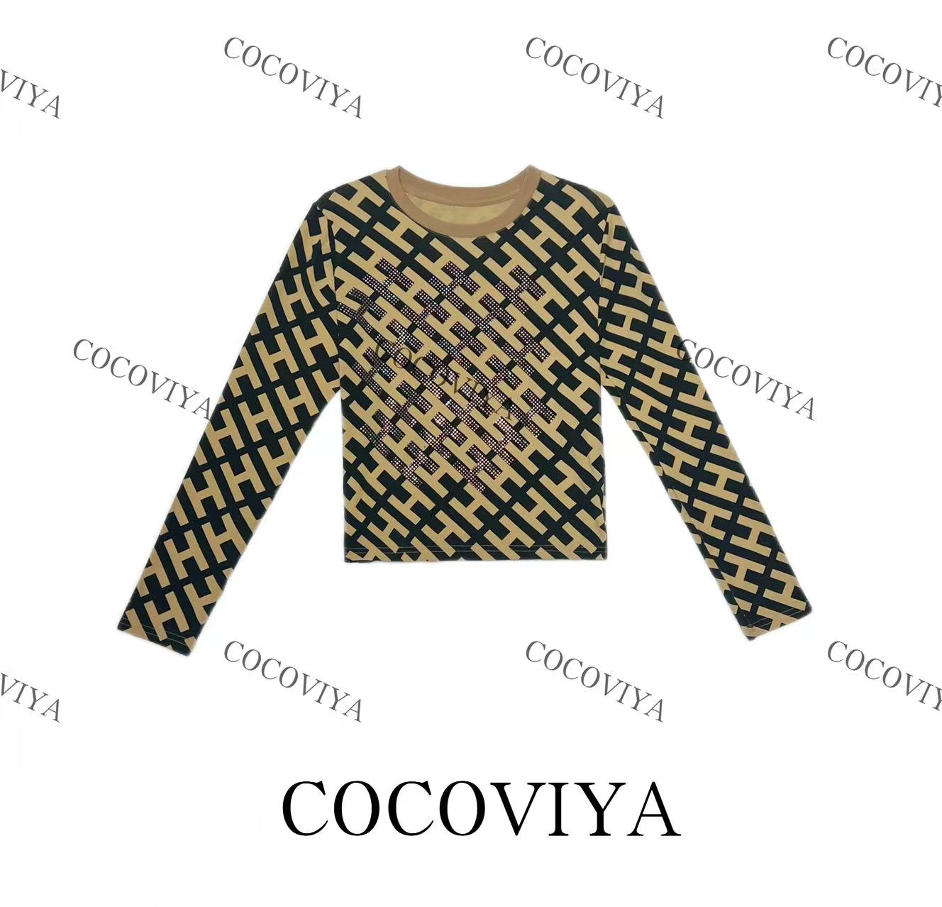 COCOVIYA满纹字母交织卡其长袖T恤遮肉显瘦休闲时尚上衣26C-879