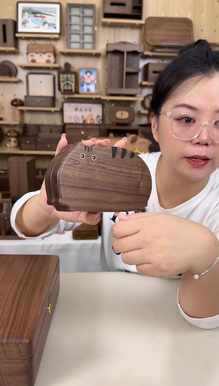木北美黑胡桃单层小猫首饰盒