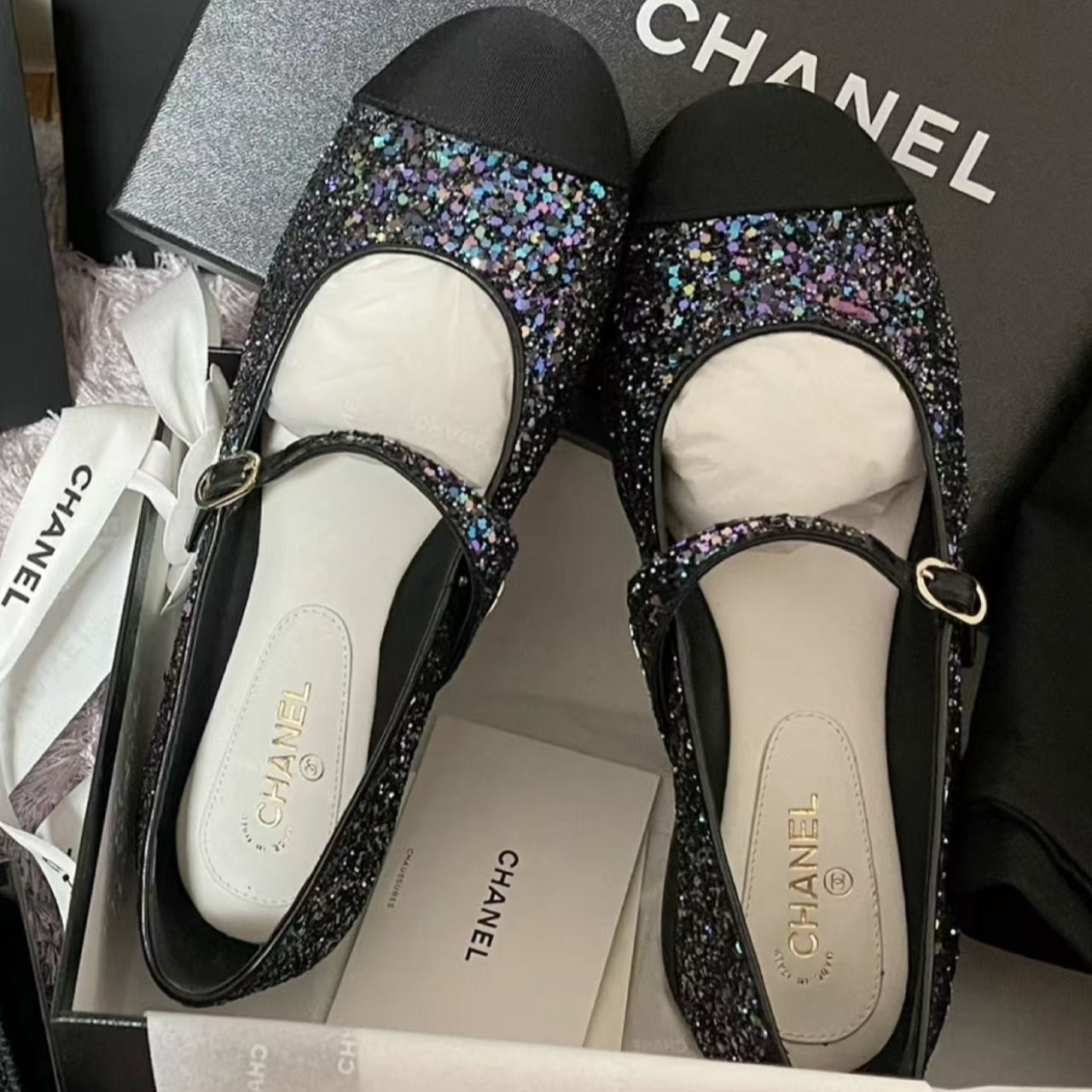 99新 Chanel/香奈儿 香奈儿紫色闪片圆头单鞋38.5码