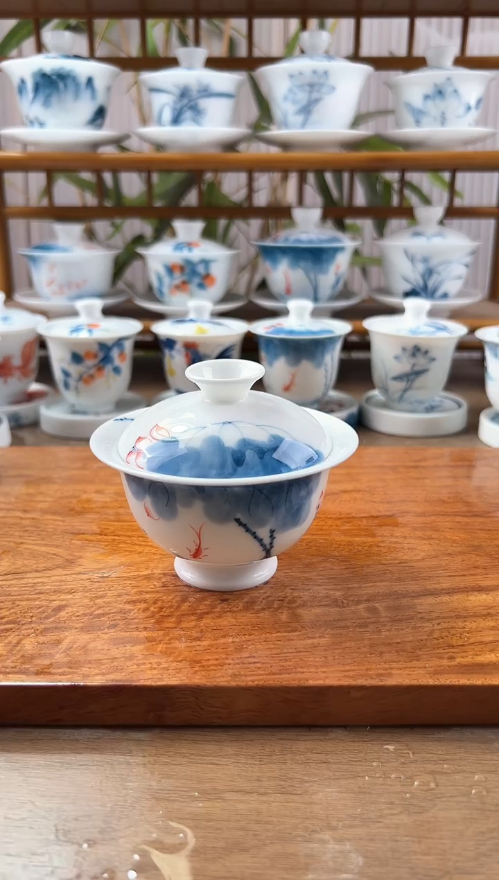 微瑕线条莲二才元宝盖碗